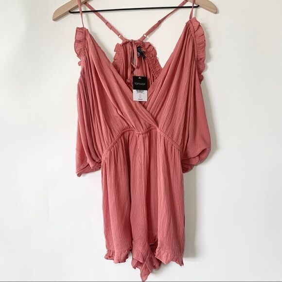 NWT Topshop Cold Shoulder Pink Ruffle Romper - Picture 5 of 14